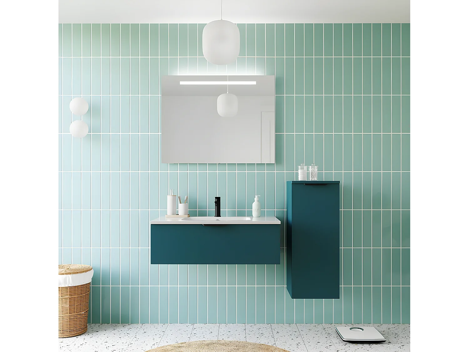 Meuble de salle de bain suspendu vasque intégrée 90cm 1 tiroir Bleu + miroir + colonne ouverture droite - Soho