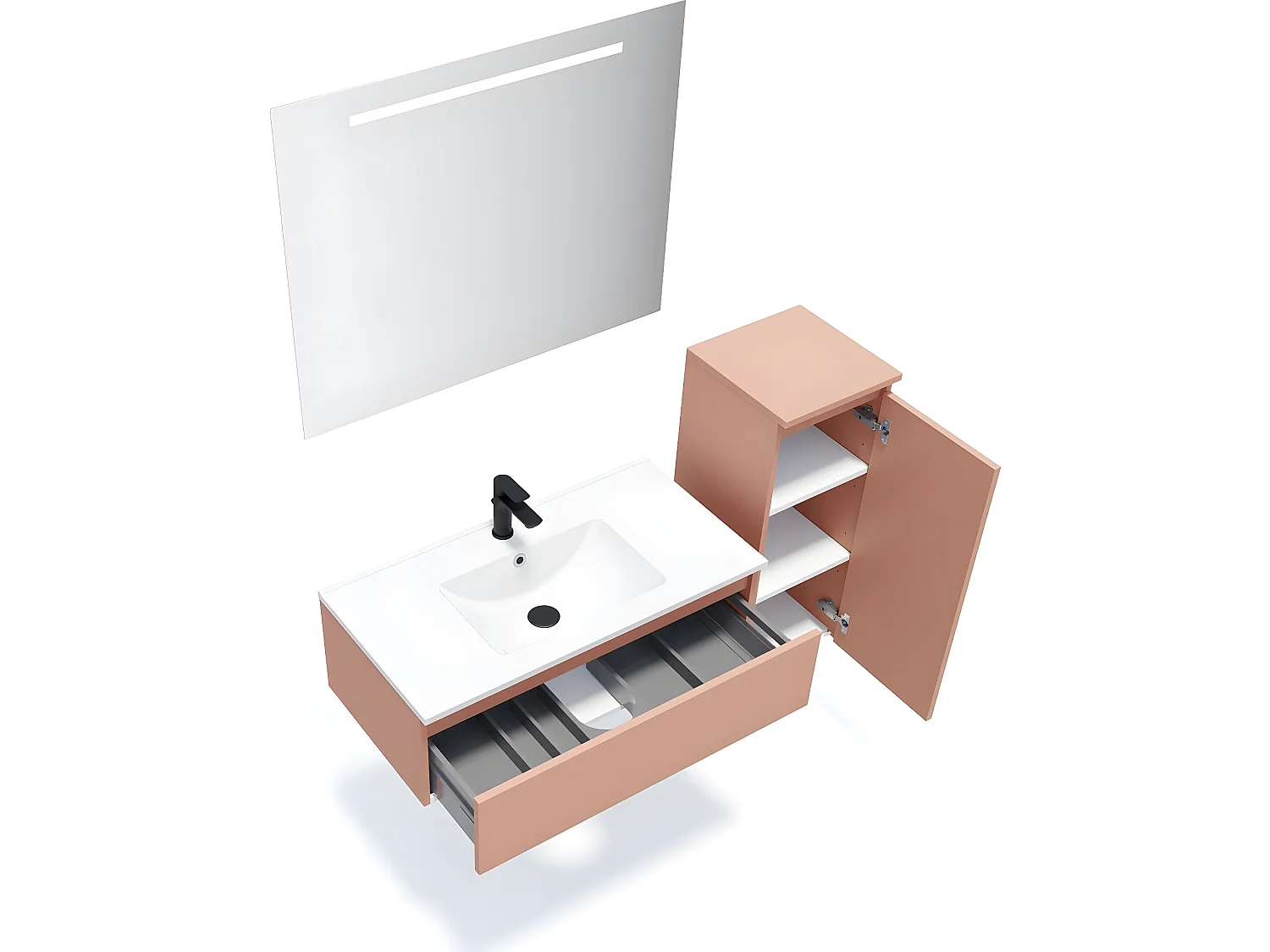 Meuble de salle de bain suspendu vasque intégrée 90cm 1 tiroir Abricot + miroir + colonne ouverture droite - Hudson
