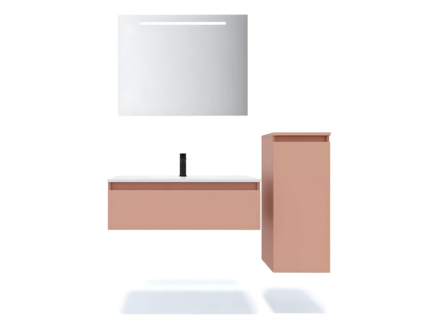 Meuble de salle de bain suspendu vasque intégrée 90cm 1 tiroir Abricot + miroir + colonne ouverture droite - Hudson