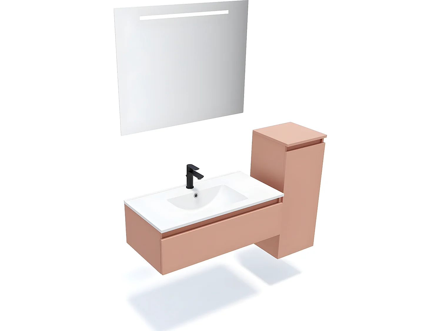 Meuble de salle de bain suspendu vasque intégrée 90cm 1 tiroir Abricot + miroir + colonne ouverture droite - Hudson