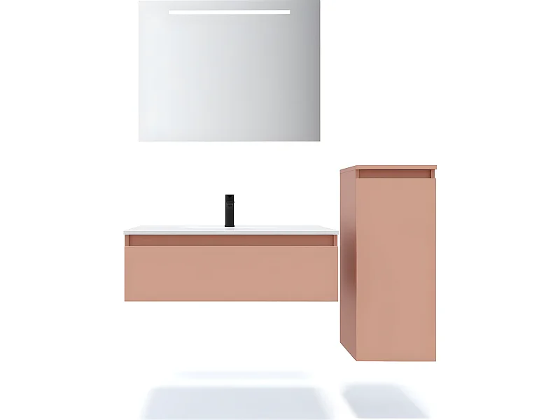 Meuble de salle de bain suspendu vasque intégrée 90cm 1 tiroir Abricot + miroir + colonne ouverture droite - Hudson