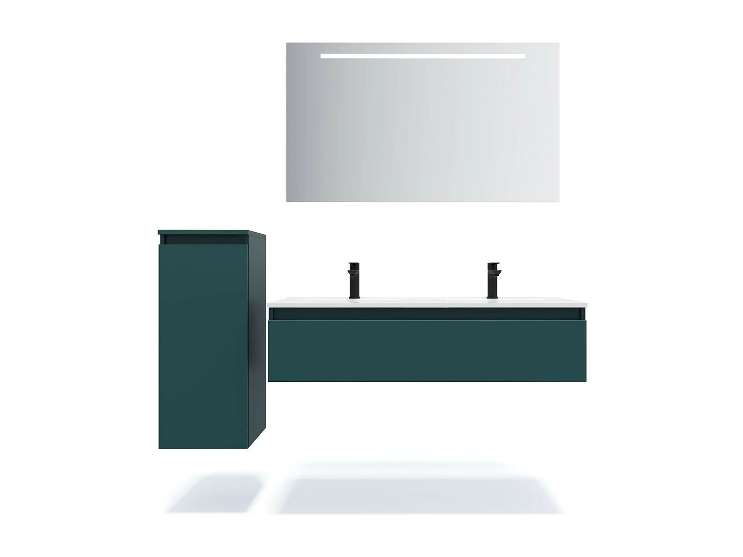 Meuble de salle de bain suspendu double vasque intégrée 120cm 1 tiroir Bleu + miroir + colonne ouverture gauche - Hudson