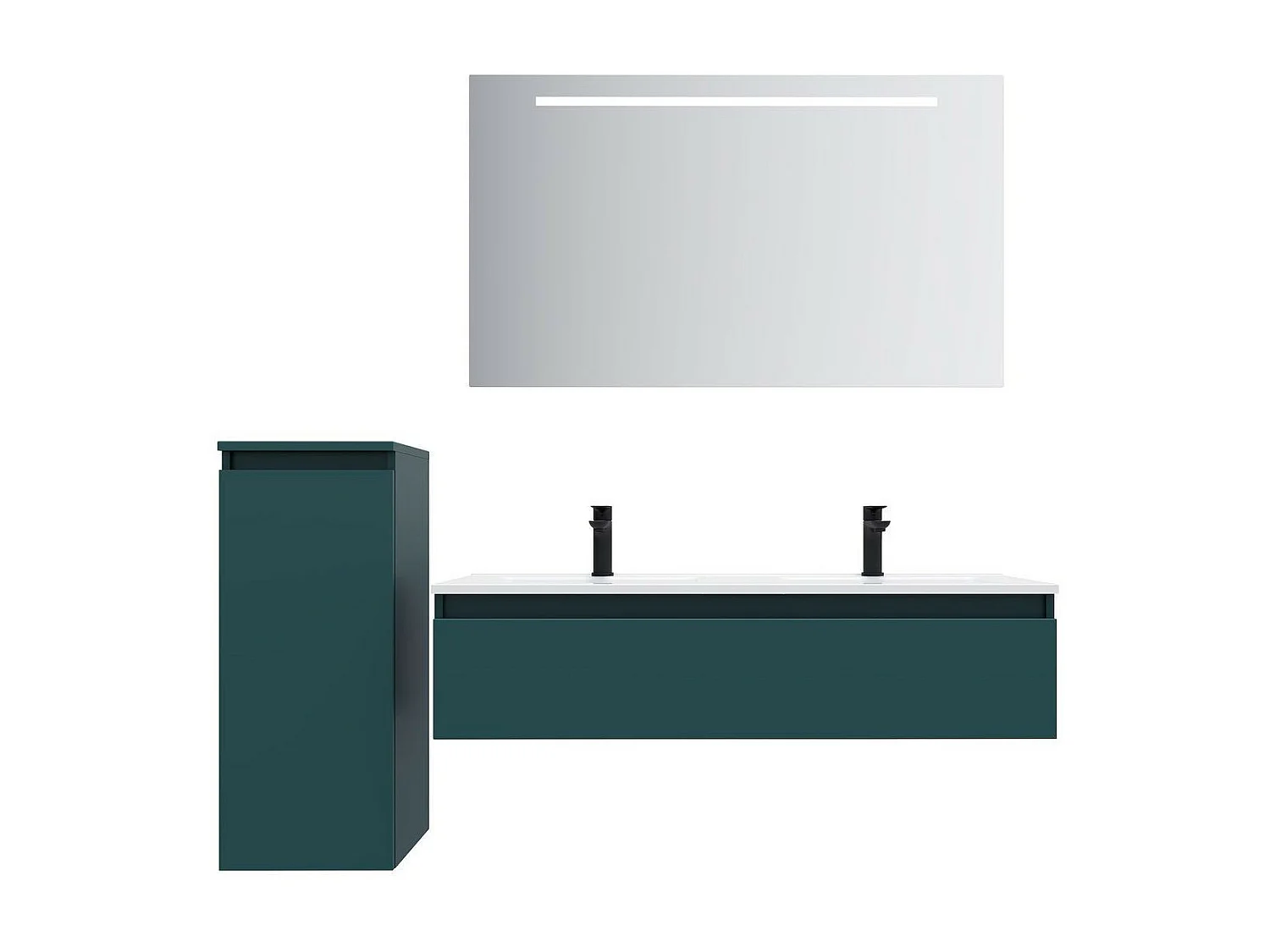 Meuble de salle de bain suspendu double vasque intégrée 120cm 1 tiroir Bleu + miroir + colonne ouverture gauche - Hudson