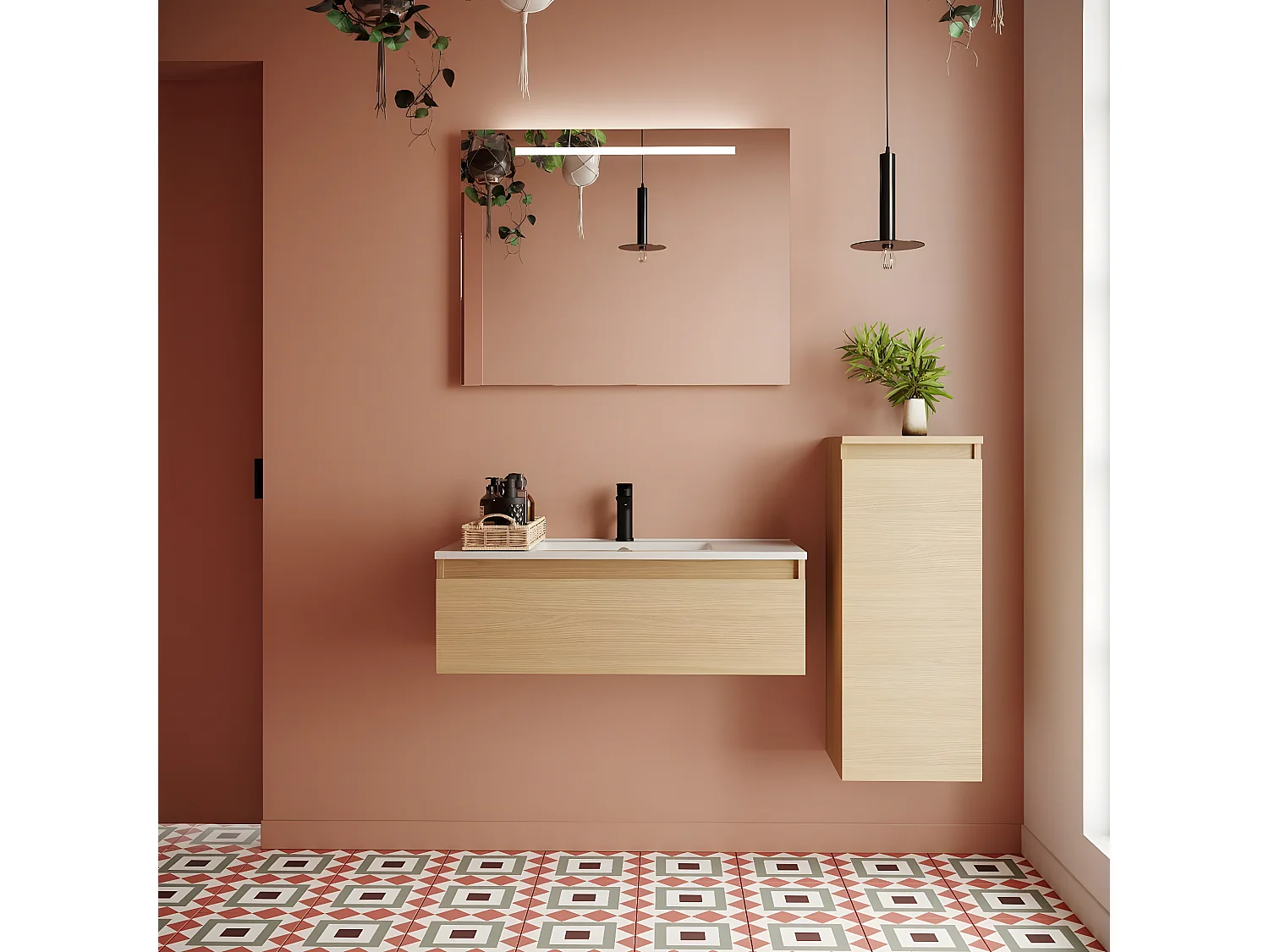 Meuble de salle de bain suspendu vasque intégrée 90cm 1 tiroir Chêne clair + miroir + colonne ouverture droite - Hudson