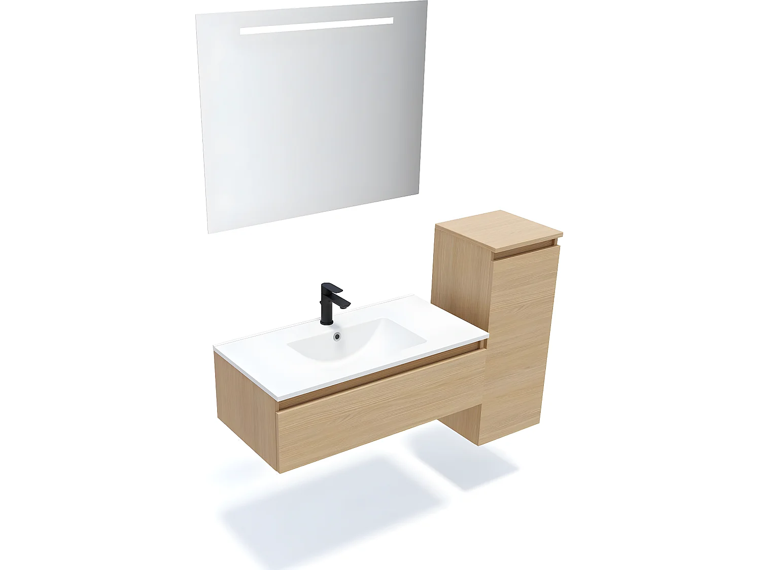 Meuble de salle de bain suspendu vasque intégrée 90cm 1 tiroir Chêne clair + miroir + colonne ouverture droite - Hudson