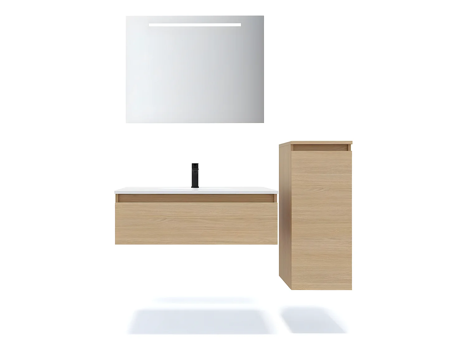 Meuble de salle de bain suspendu vasque intégrée 90cm 1 tiroir Chêne clair + miroir + colonne ouverture droite - Hudson
