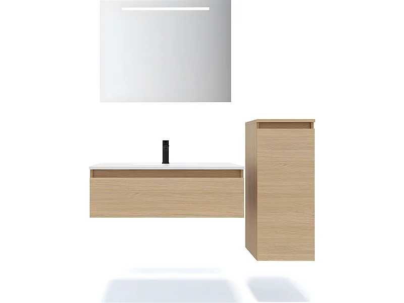 Meuble de salle de bain suspendu vasque intégrée 90cm 1 tiroir Chêne clair + miroir + colonne ouverture droite - Hudson