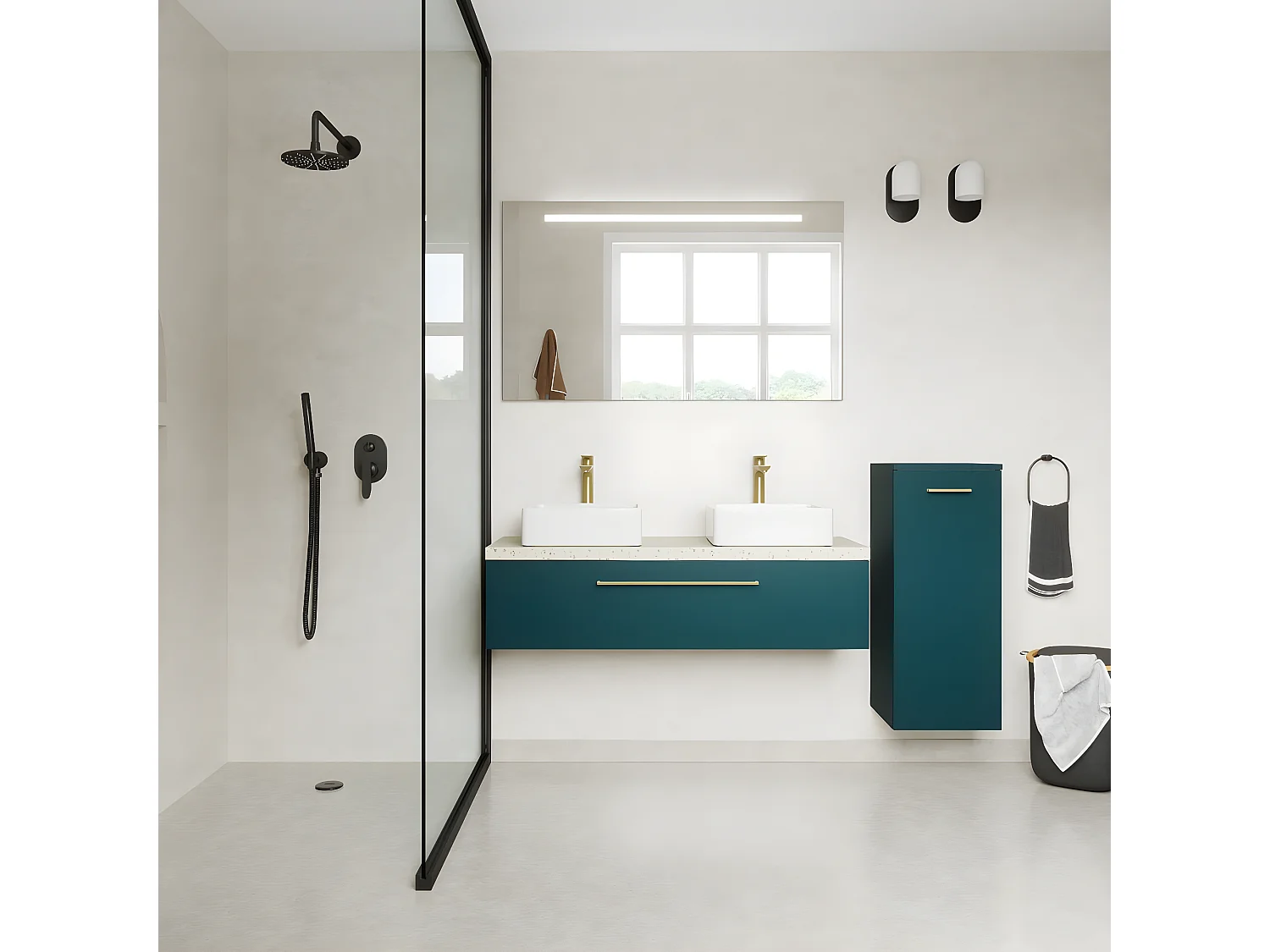 Meuble de salle de bain suspendu 2 vasques à poser 120cm 1 tiroir Bleu + miroir + colonne ouverture droite - Glasgow