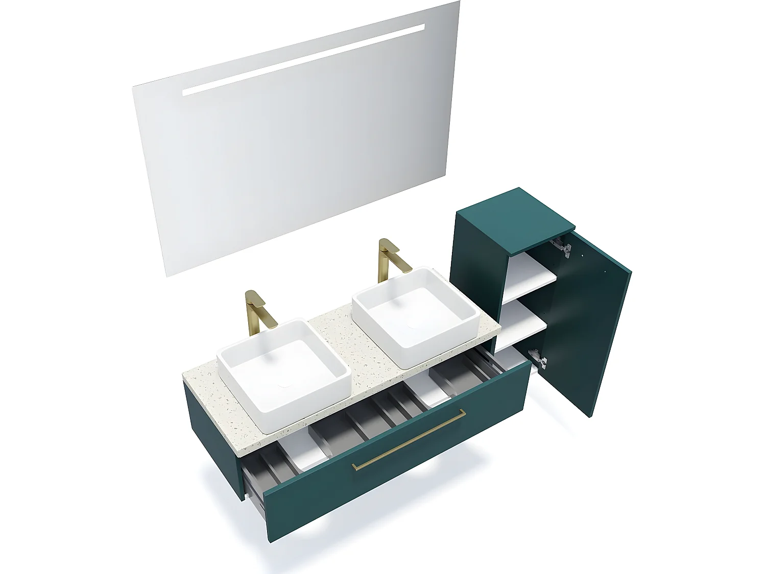 Meuble de salle de bain suspendu 2 vasques à poser 120cm 1 tiroir Bleu + miroir + colonne ouverture droite - Glasgow