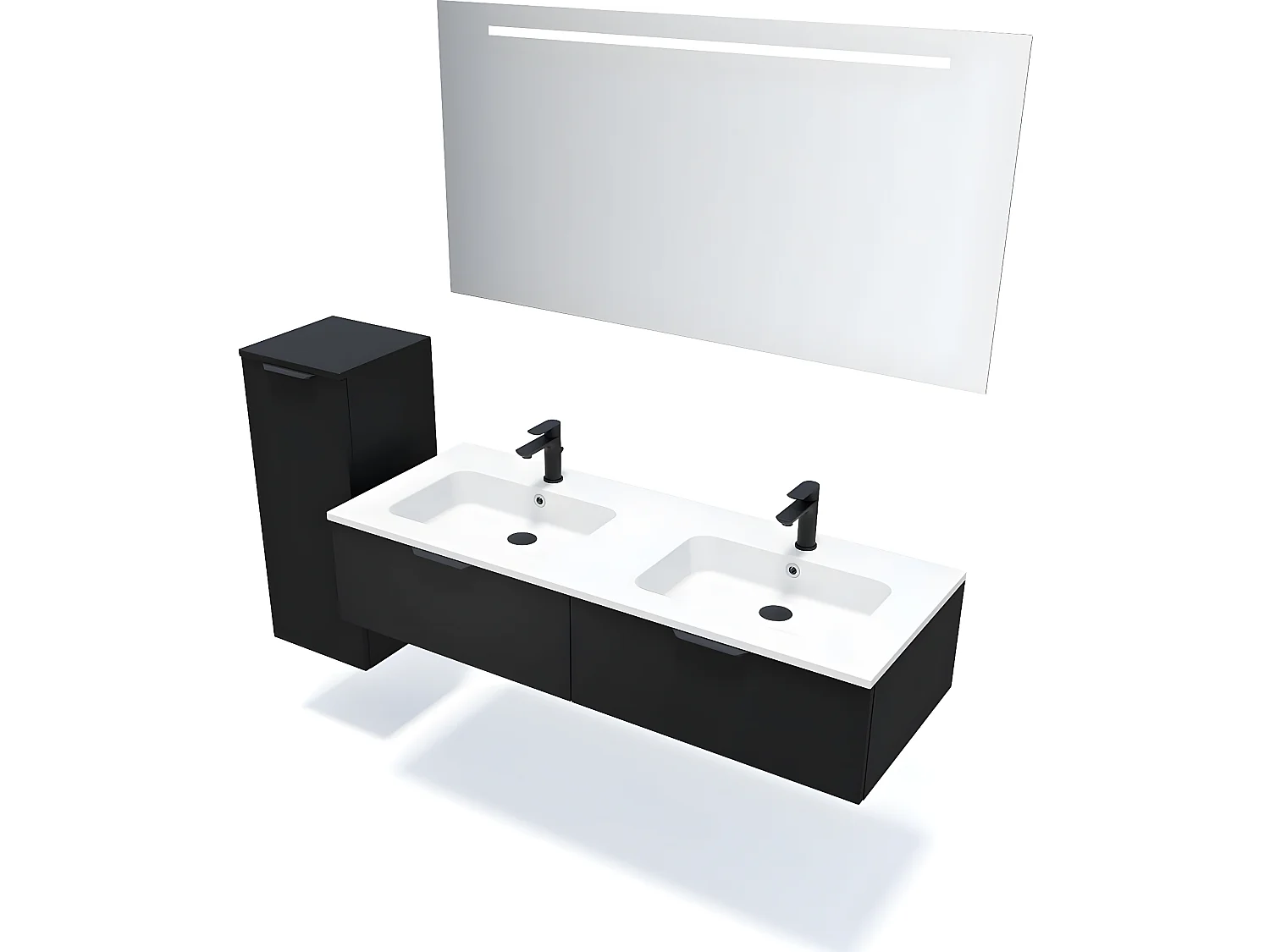Meuble de salle de bain suspendu double vasque intégrée 140cm 2 tiroirs Noir + miroir + colonne ouverture gauche - Soho