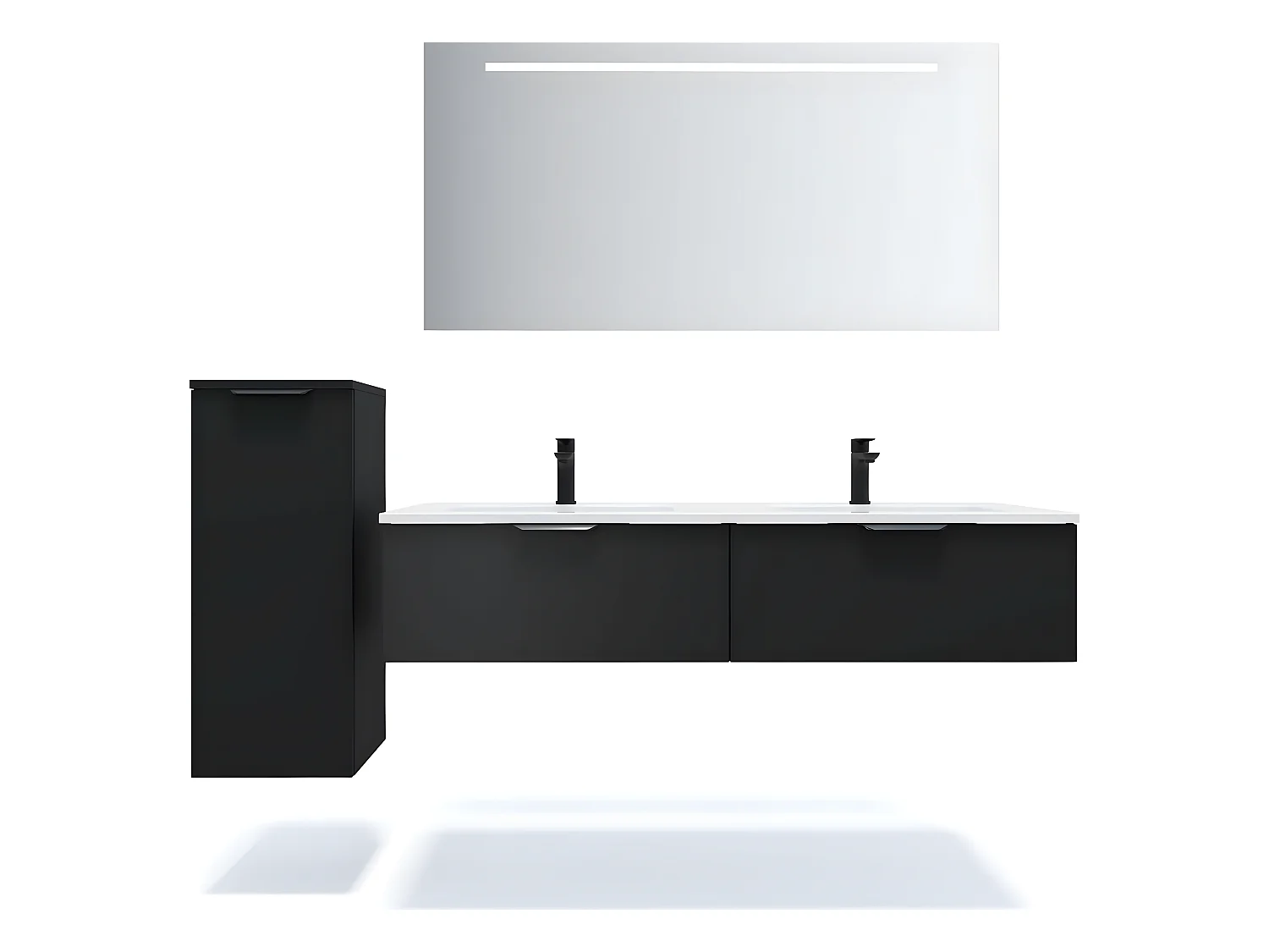 Meuble de salle de bain suspendu double vasque intégrée 140cm 2 tiroirs Noir + miroir + colonne ouverture gauche - Soho