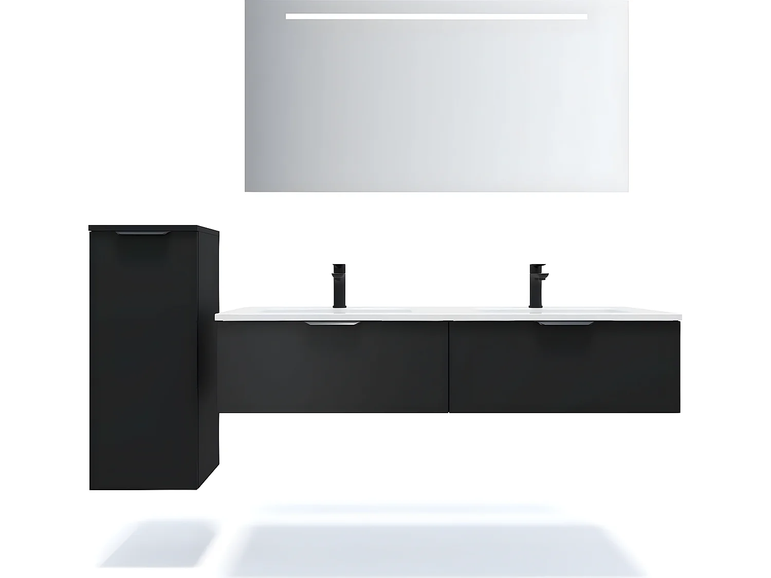 Meuble de salle de bain suspendu double vasque intégrée 140cm 2 tiroirs Noir + miroir + colonne ouverture gauche - Soho