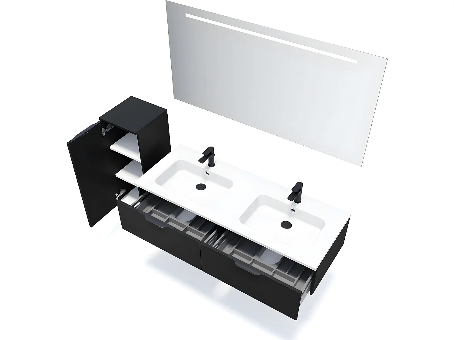Meuble de salle de bain suspendu double vasque intégrée 140cm 2 tiroirs Noir + miroir + colonne ouverture gauche - Soho
