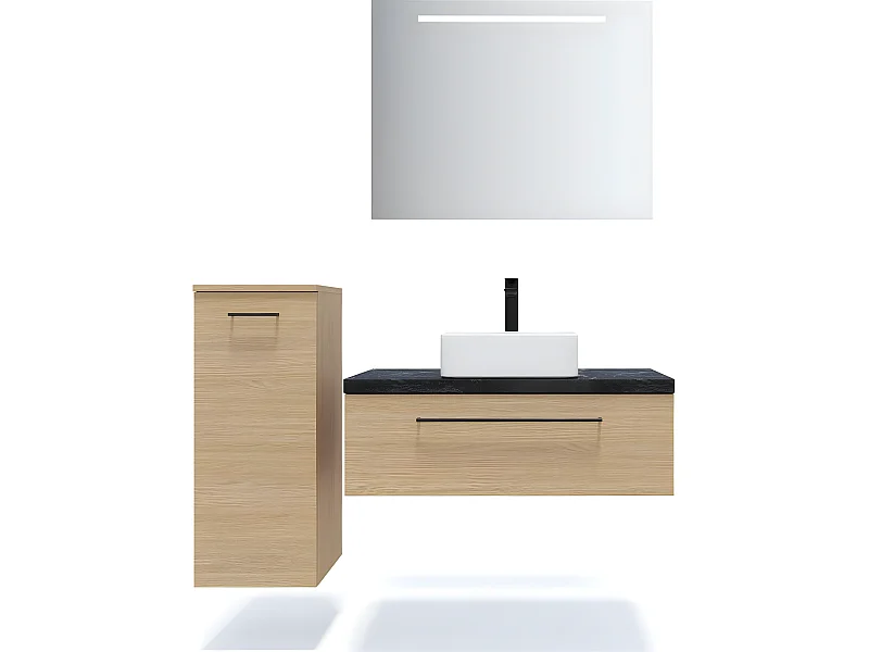 Meuble de salle de bain suspendu vasque à poser 90cm 1 tiroir Chêne clair + miroir + colonne ouverture gauche - Glasgow