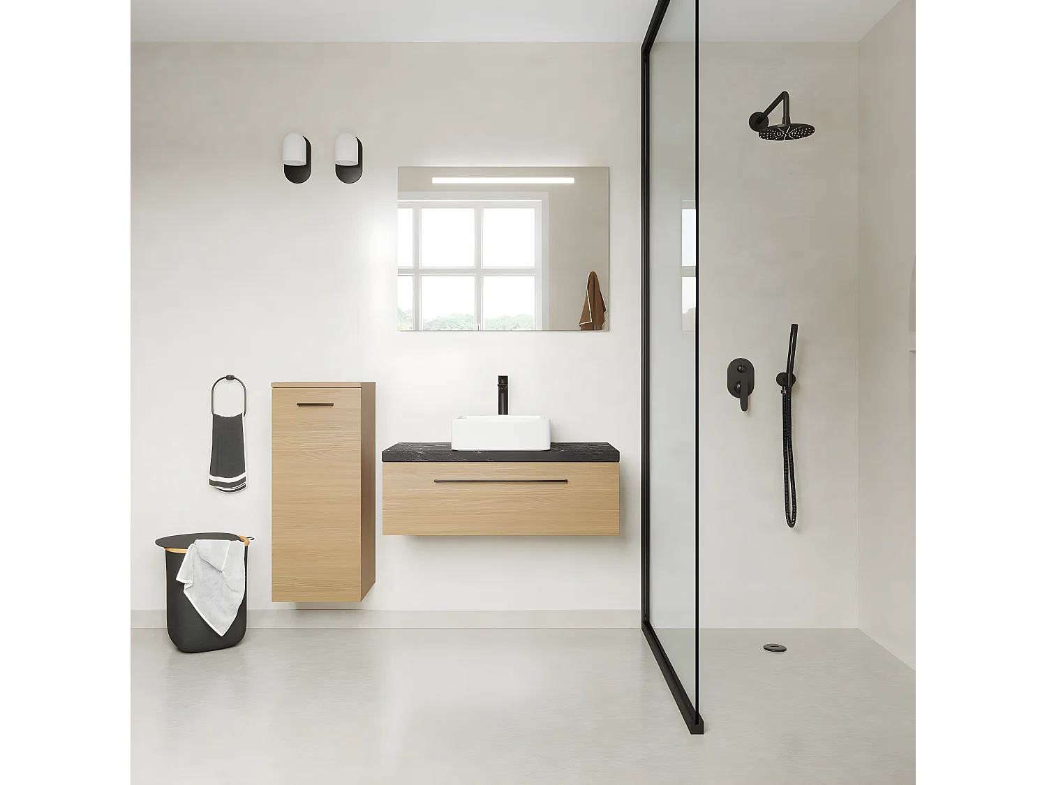 Meuble de salle de bain suspendu vasque à poser 90cm 1 tiroir Chêne clair + miroir + colonne ouverture gauche - Glasgow