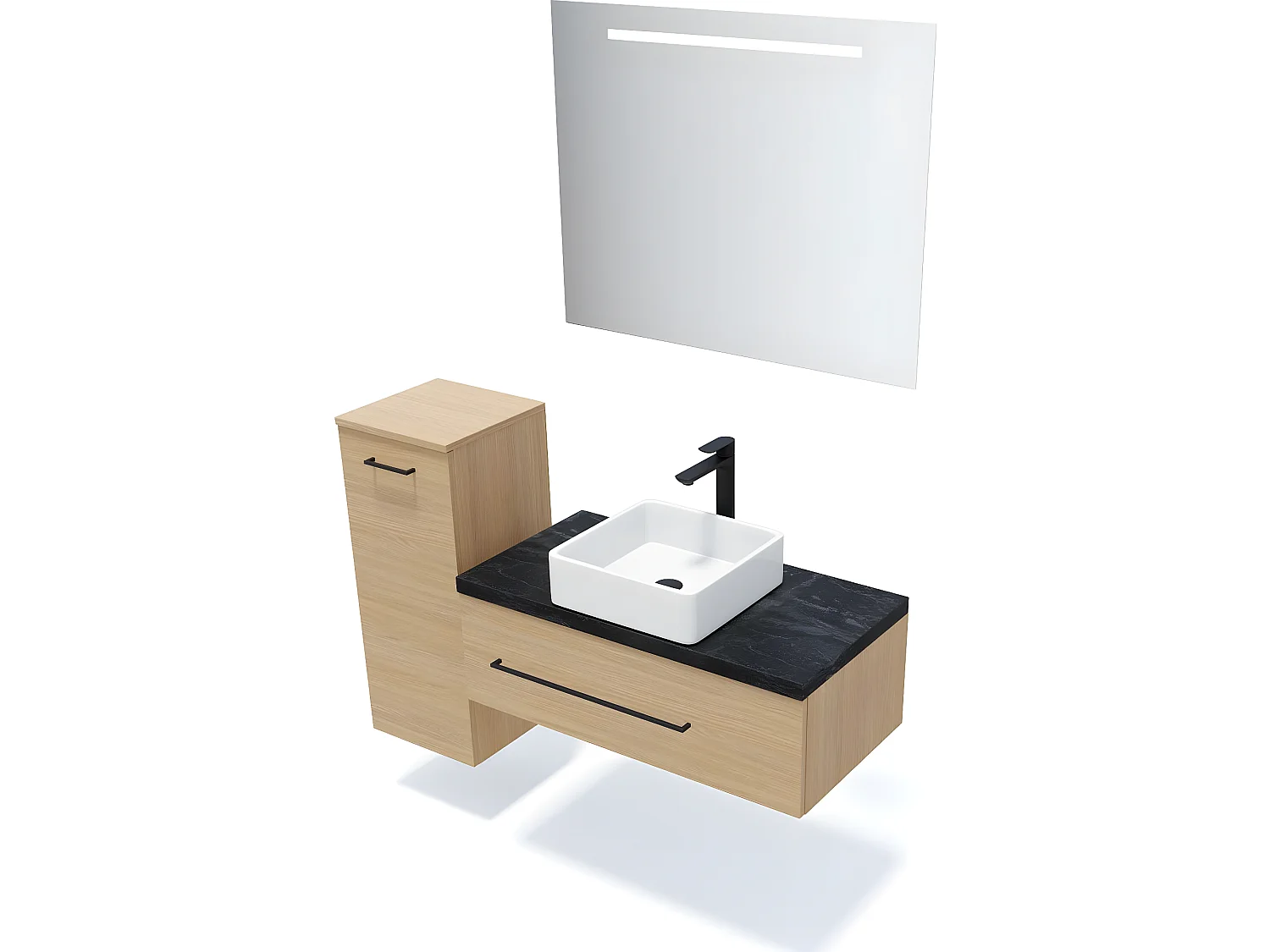 Meuble de salle de bain suspendu vasque à poser 90cm 1 tiroir Chêne clair + miroir + colonne ouverture gauche - Glasgow