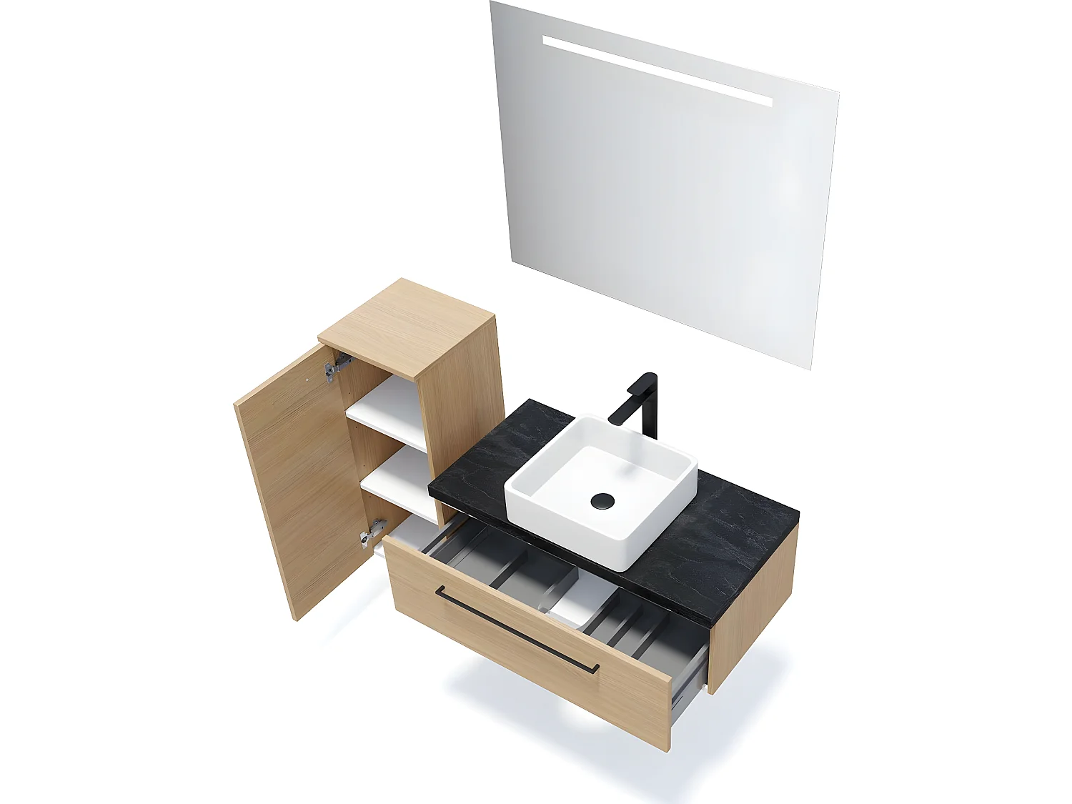 Meuble de salle de bain suspendu vasque à poser 90cm 1 tiroir Chêne clair + miroir + colonne ouverture gauche - Glasgow