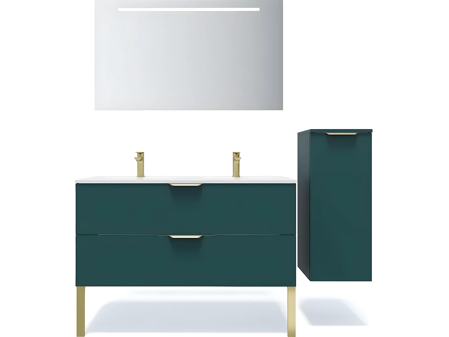 Meuble de salle de bain suspendu double vasque intégrée 120cm 2 tiroirs Bleu + miroir + colonne ouverture droite - Venice