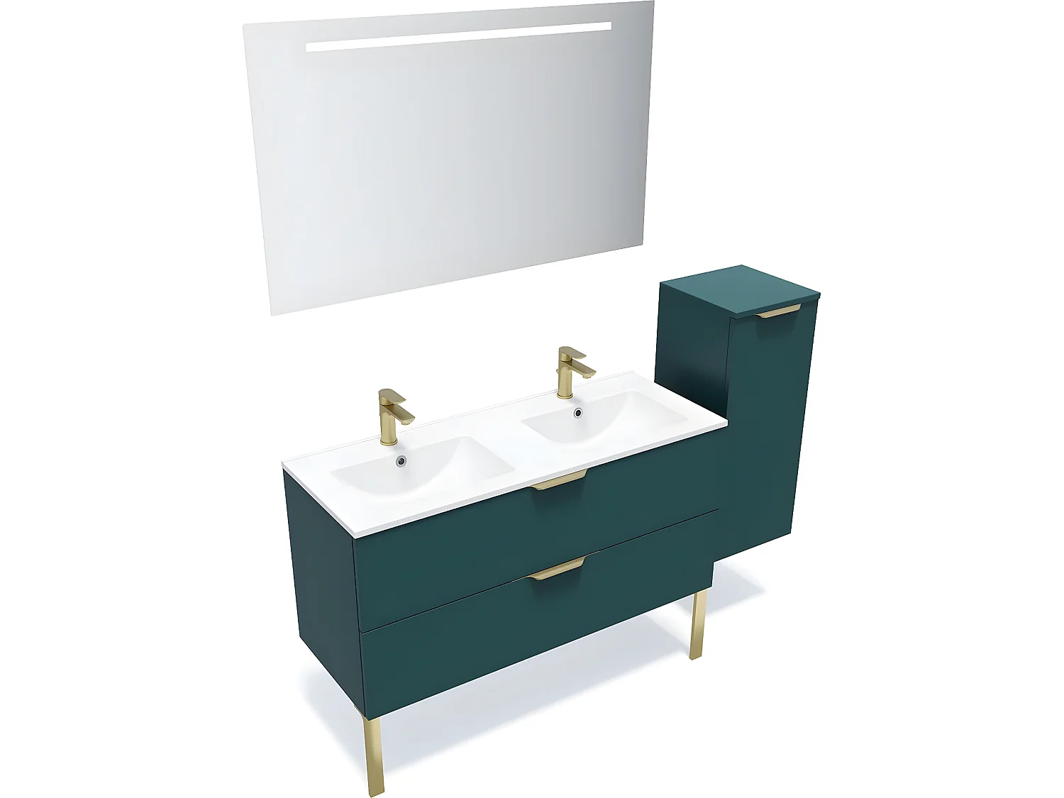 Meuble de salle de bain suspendu double vasque intégrée 120cm 2 tiroirs Bleu + miroir + colonne ouverture droite - Venice