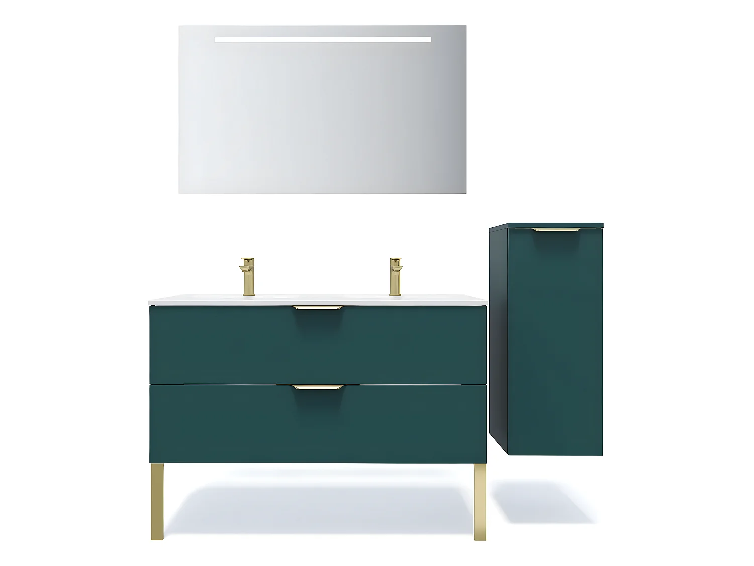 Meuble de salle de bain suspendu double vasque intégrée 120cm 2 tiroirs Bleu + miroir + colonne ouverture droite - Venice