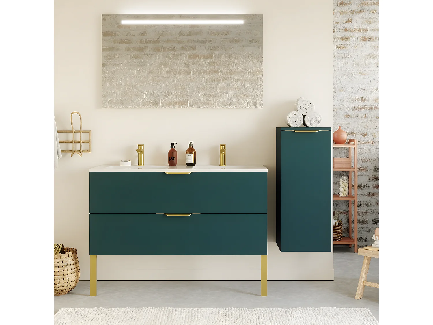 Meuble de salle de bain suspendu double vasque intégrée 120cm 2 tiroirs Bleu + miroir + colonne ouverture droite - Venice