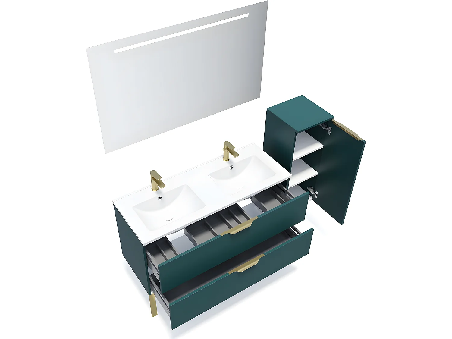 Meuble de salle de bain suspendu double vasque intégrée 120cm 2 tiroirs Bleu + miroir + colonne ouverture droite - Venice