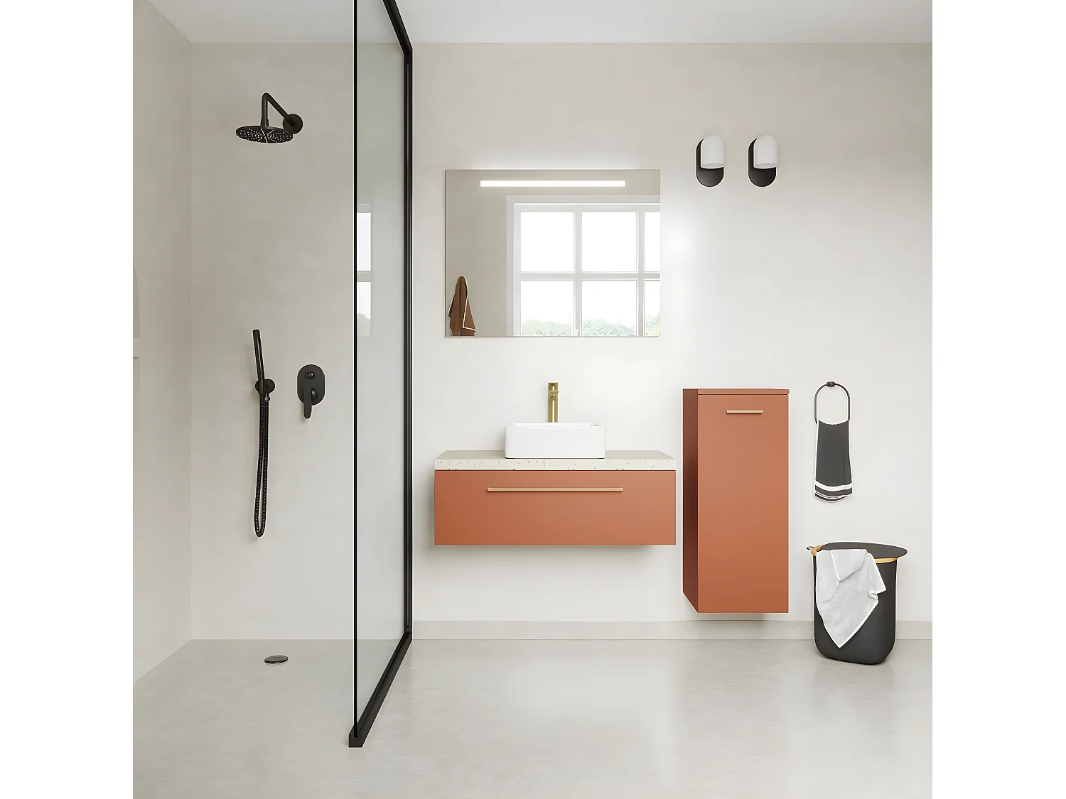 Meuble de salle de bain suspendu vasque à poser 90cm 1 tiroir Terracotta + miroir + colonne ouverture droite - Glasgow