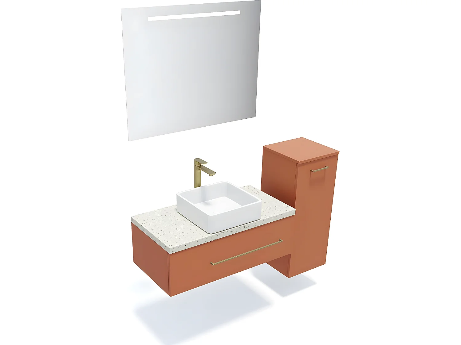 Meuble de salle de bain suspendu vasque à poser 90cm 1 tiroir Terracotta + miroir + colonne ouverture droite - Glasgow