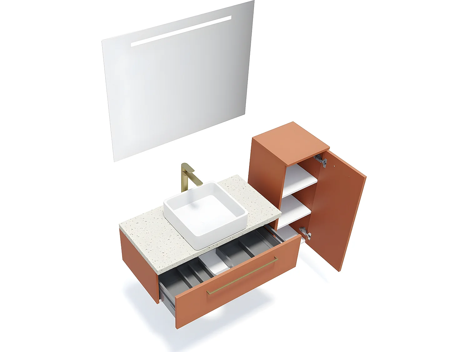 Meuble de salle de bain suspendu vasque à poser 90cm 1 tiroir Terracotta + miroir + colonne ouverture droite - Glasgow