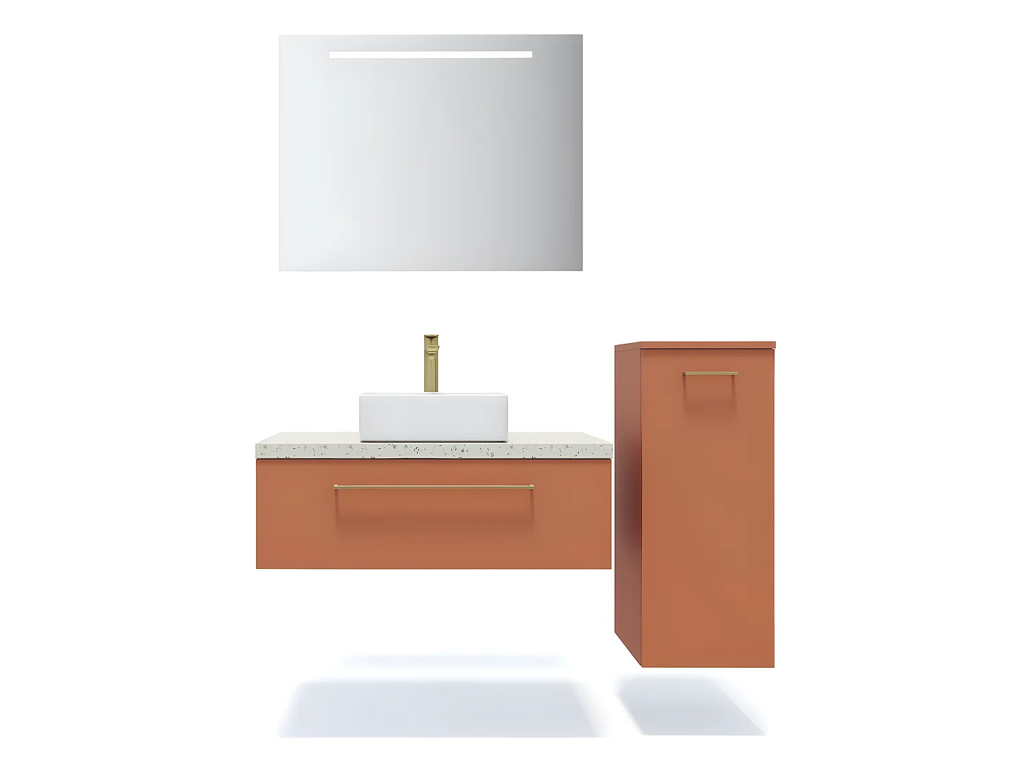 Meuble de salle de bain suspendu vasque à poser 90cm 1 tiroir Terracotta + miroir + colonne ouverture droite - Glasgow