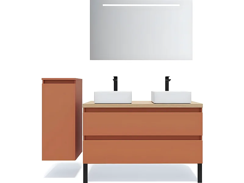Meuble de salle de bain suspendu 2 vasques à poser 120cm 2 tiroirs Terracotta + miroir + colonne ouverture gauche - Hudson