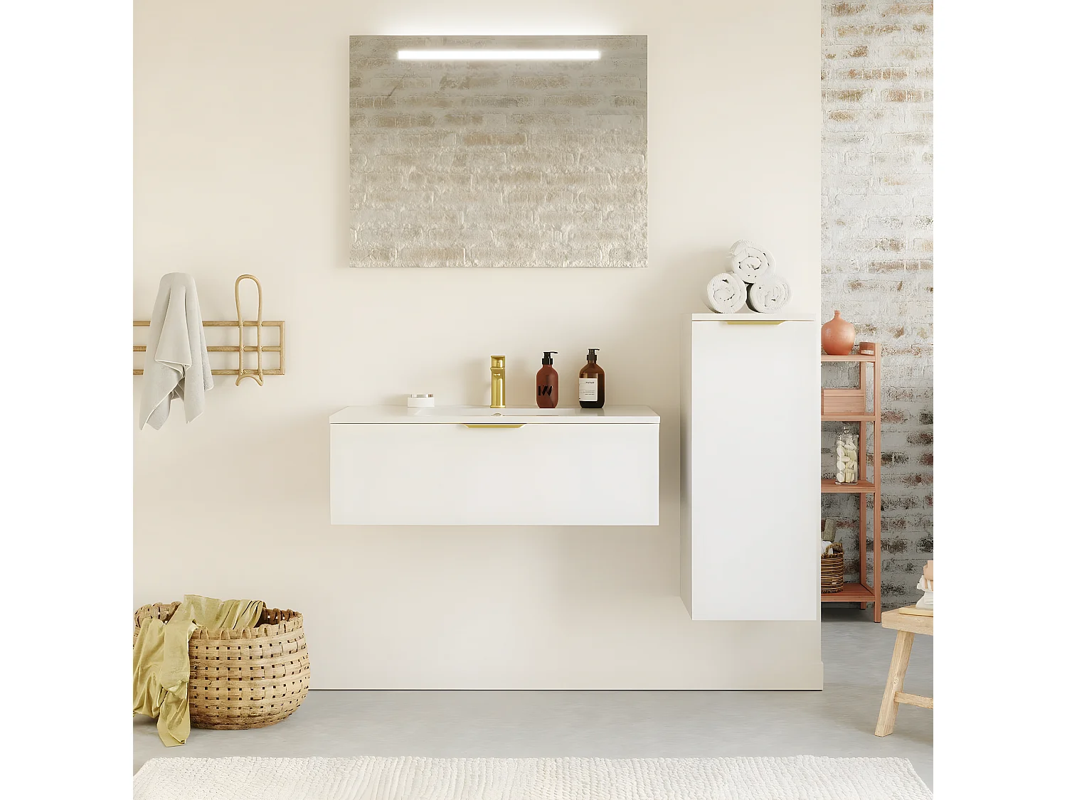 Meuble de salle de bain suspendu vasque intégrée 90cm 1 tiroir Blanc + miroir + colonne ouverture droite - Venice