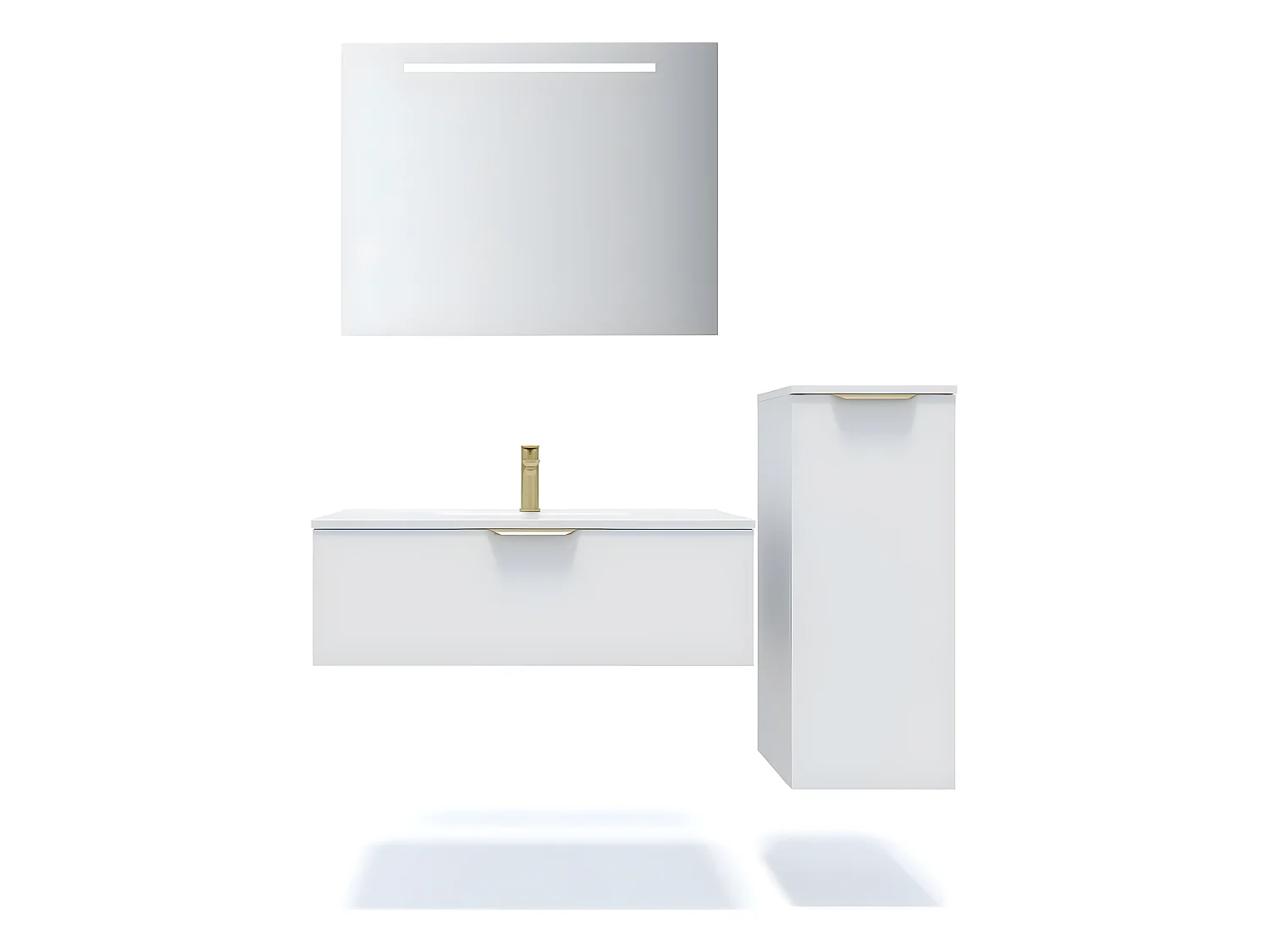 Meuble de salle de bain suspendu vasque intégrée 90cm 1 tiroir Blanc + miroir + colonne ouverture droite - Venice