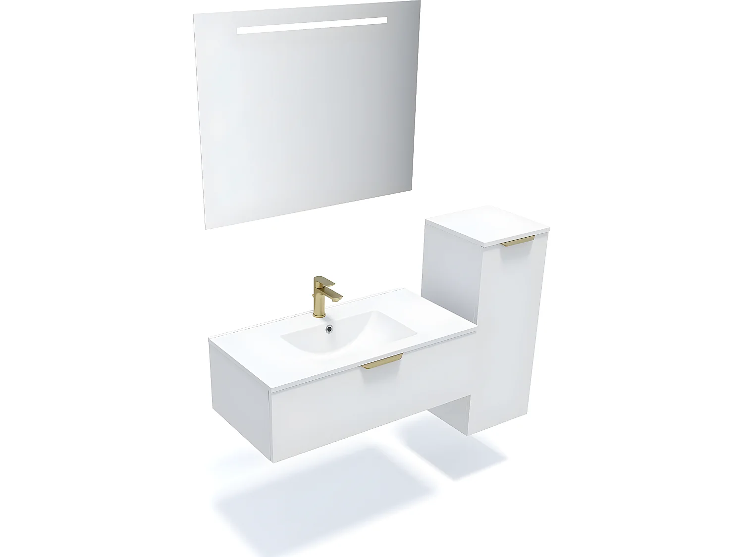 Meuble de salle de bain suspendu vasque intégrée 90cm 1 tiroir Blanc + miroir + colonne ouverture droite - Venice