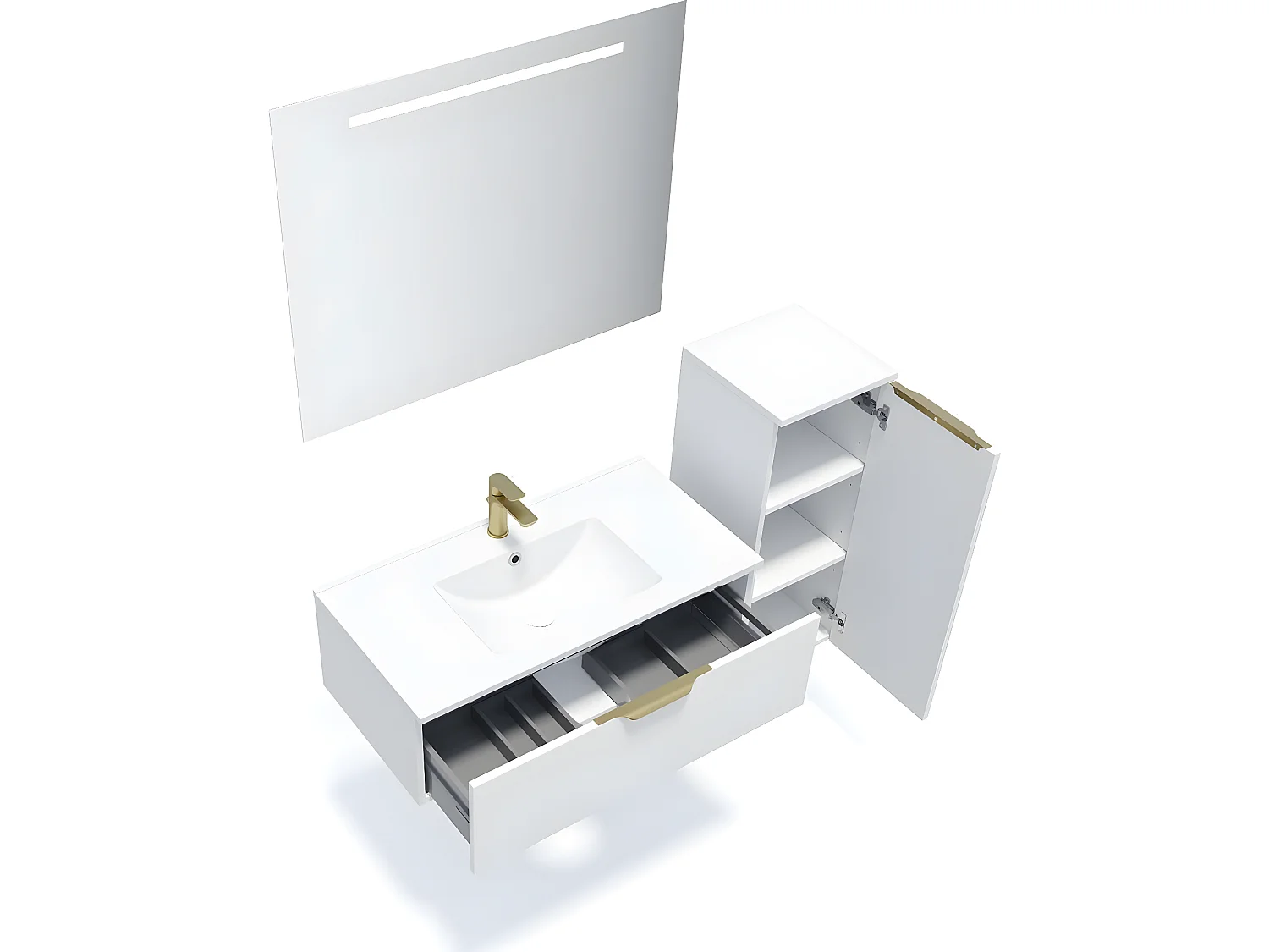 Meuble de salle de bain suspendu vasque intégrée 90cm 1 tiroir Blanc + miroir + colonne ouverture droite - Venice