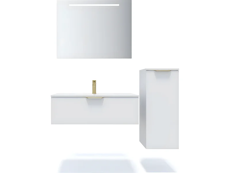 Meuble de salle de bain suspendu vasque intégrée 90cm 1 tiroir Blanc + miroir + colonne ouverture droite - Venice