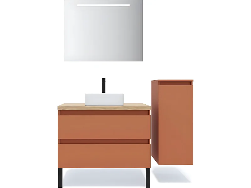 Meuble de salle de bain suspendu vasque à poser 90cm 2 tiroirs Terracotta + miroir + colonne ouverture droite - Hudson