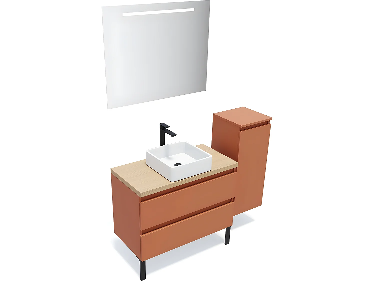 Meuble de salle de bain suspendu vasque à poser 90cm 2 tiroirs Terracotta + miroir + colonne ouverture droite - Hudson