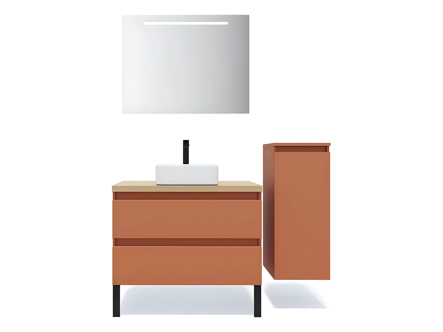 Meuble de salle de bain suspendu vasque à poser 90cm 2 tiroirs Terracotta + miroir + colonne ouverture droite - Hudson