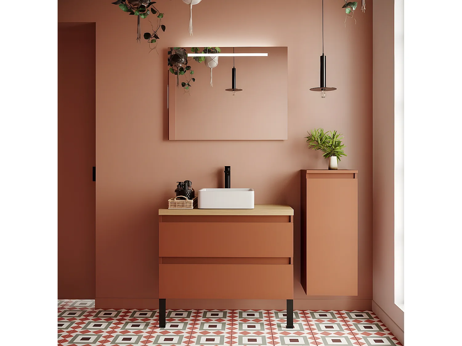 Meuble de salle de bain suspendu vasque à poser 90cm 2 tiroirs Terracotta + miroir + colonne ouverture droite - Hudson