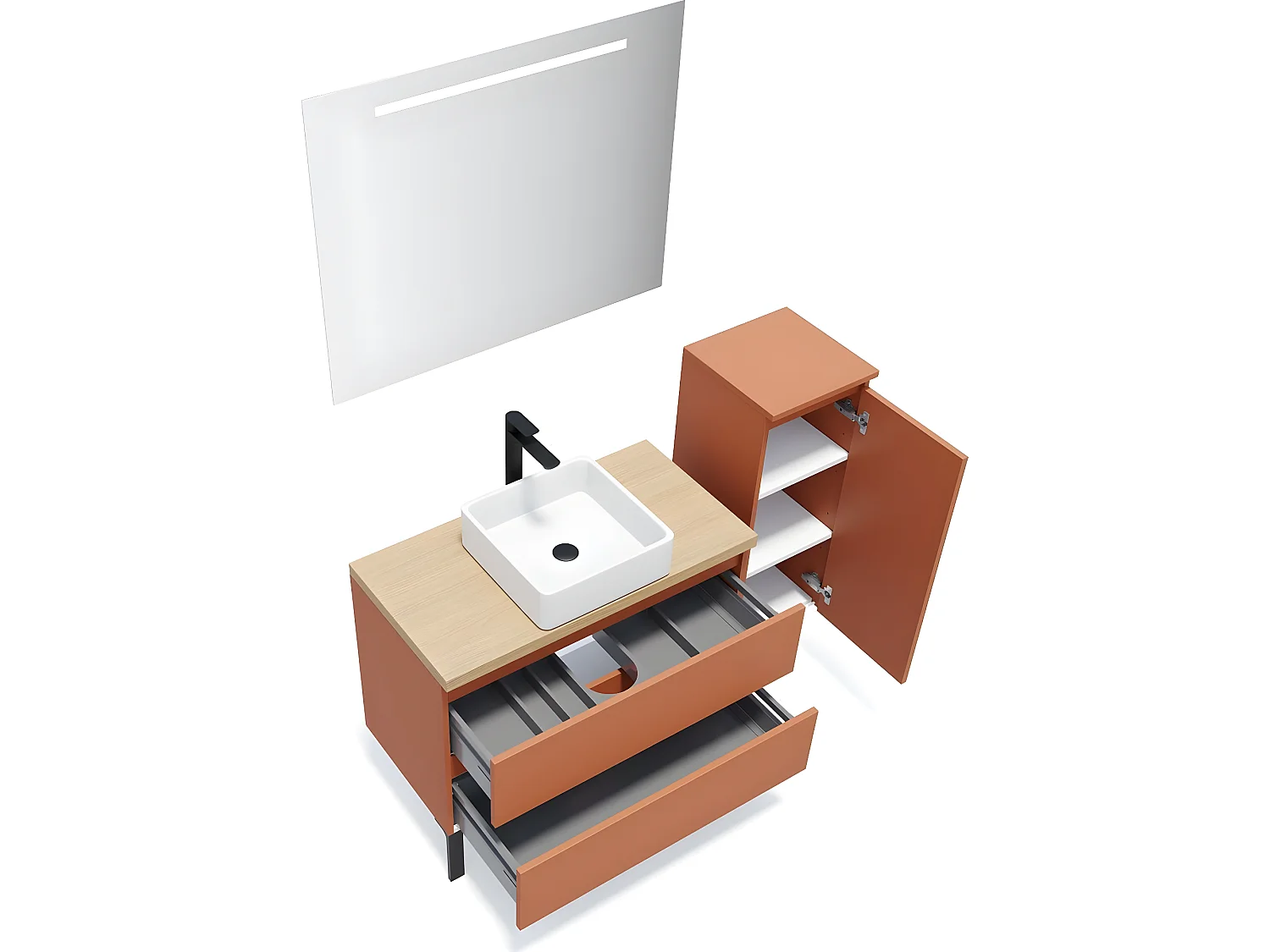 Meuble de salle de bain suspendu vasque à poser 90cm 2 tiroirs Terracotta + miroir + colonne ouverture droite - Hudson
