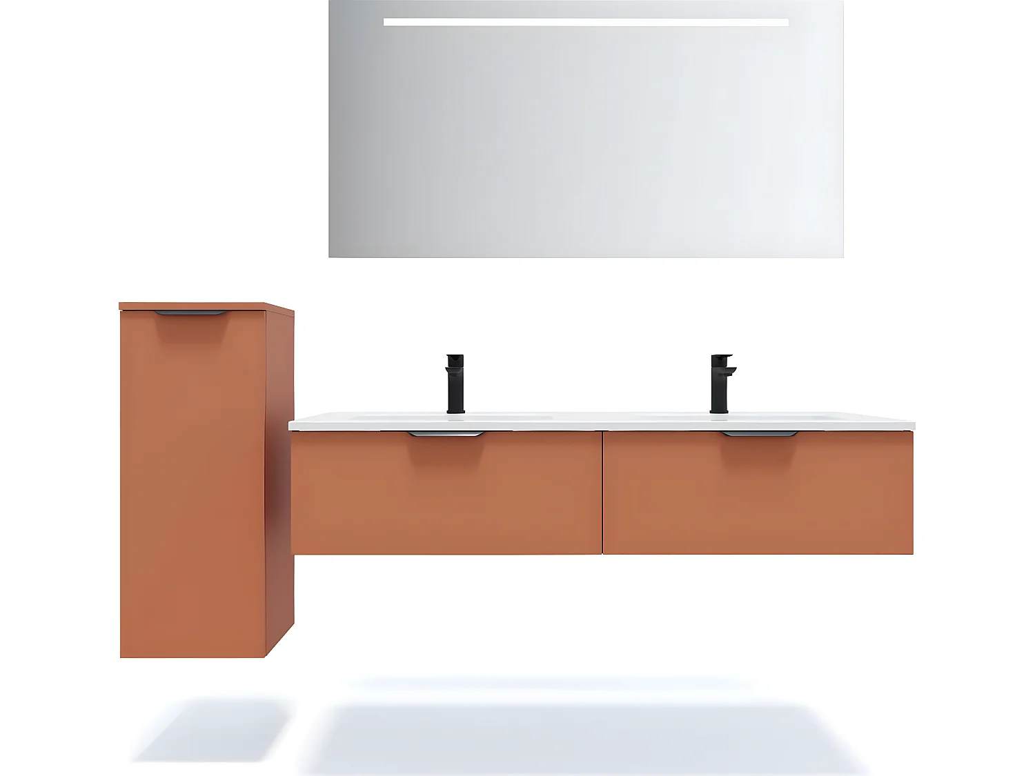 Meuble de salle de bain suspendu double vasque intégrée 140cm 2 tiroirs Terracotta + miroir + colonne ouverture gauche - Soho