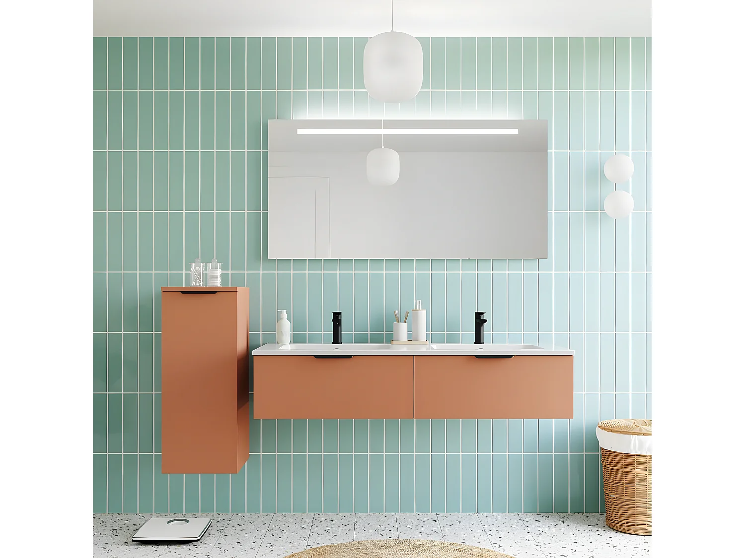 Meuble de salle de bain suspendu double vasque intégrée 140cm 2 tiroirs Terracotta + miroir + colonne ouverture gauche - Soho