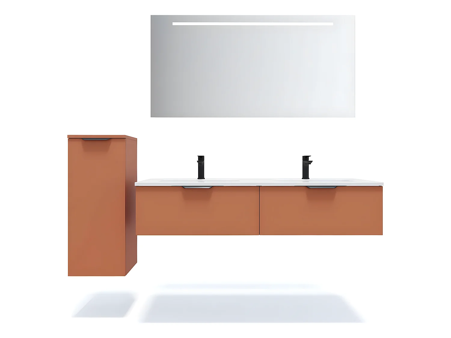 Meuble de salle de bain suspendu double vasque intégrée 140cm 2 tiroirs Terracotta + miroir + colonne ouverture gauche - Soho