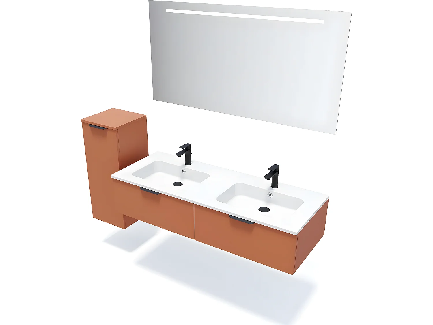 Meuble de salle de bain suspendu double vasque intégrée 140cm 2 tiroirs Terracotta + miroir + colonne ouverture gauche - Soho