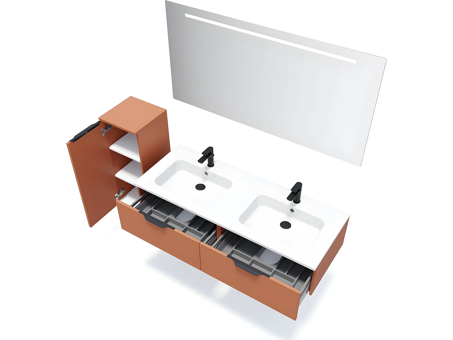 Meuble de salle de bain suspendu double vasque intégrée 140cm 2 tiroirs Terracotta + miroir + colonne ouverture gauche - Soho