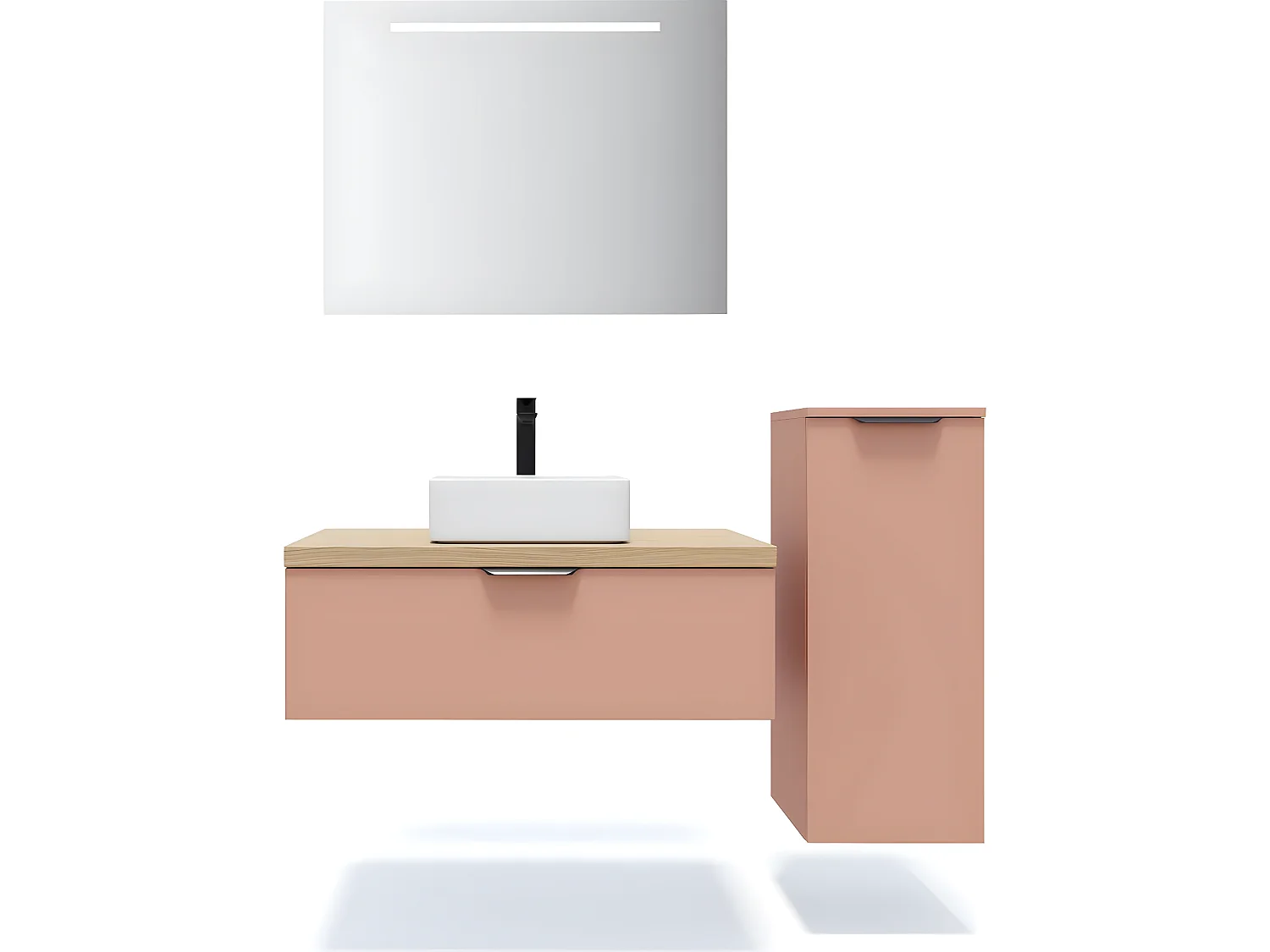 Meuble de salle de bain suspendu vasque à poser 90cm 1 tiroir Abricot + miroir + colonne ouverture droite - Soho