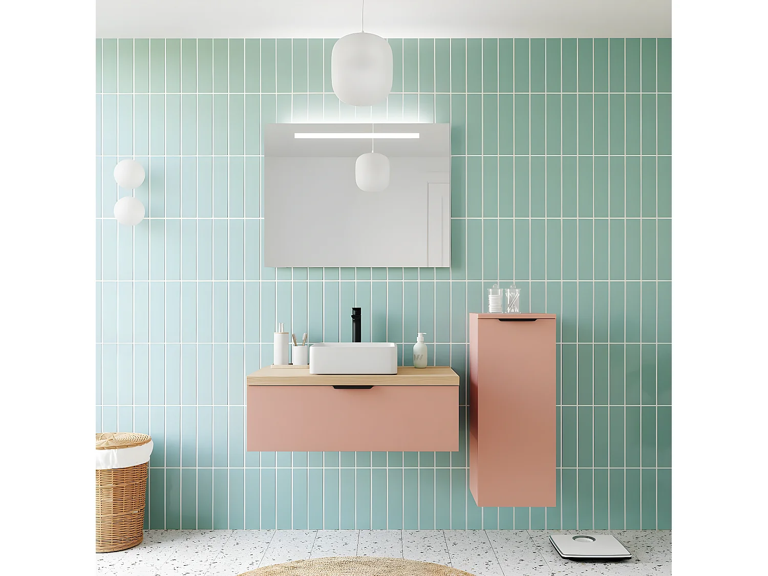 Meuble de salle de bain suspendu vasque à poser 90cm 1 tiroir Abricot + miroir + colonne ouverture droite - Soho