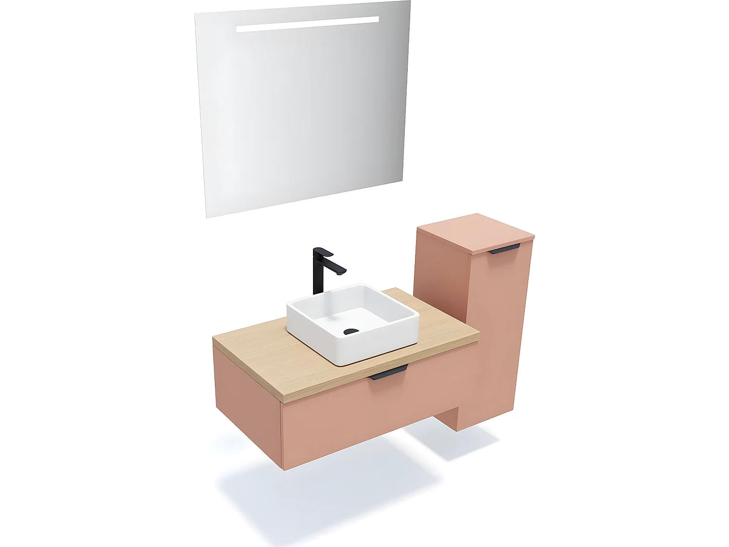 Meuble de salle de bain suspendu vasque à poser 90cm 1 tiroir Abricot + miroir + colonne ouverture droite - Soho