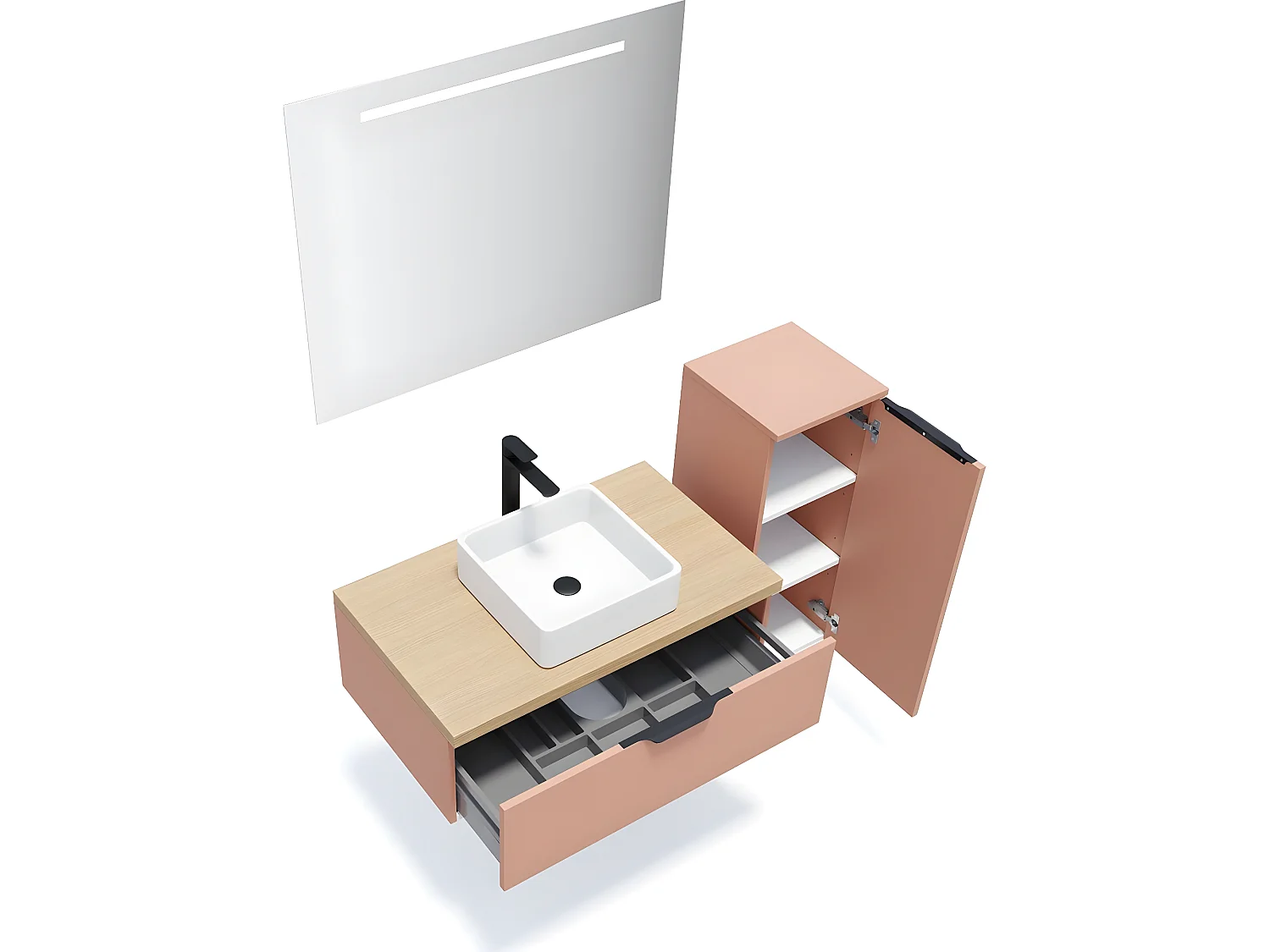 Meuble de salle de bain suspendu vasque à poser 90cm 1 tiroir Abricot + miroir + colonne ouverture droite - Soho